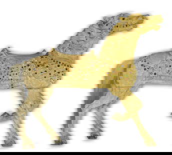 Carousel Horse, Charles Carmel / M.D. Borelli: Charles Carmel / M.D. Borelli. American Coney Island Style. This handsome outer row standing horse has a forward flowing mane and a myriad of Borelli's "jewels". 57" x 60". Bare wood with traces of