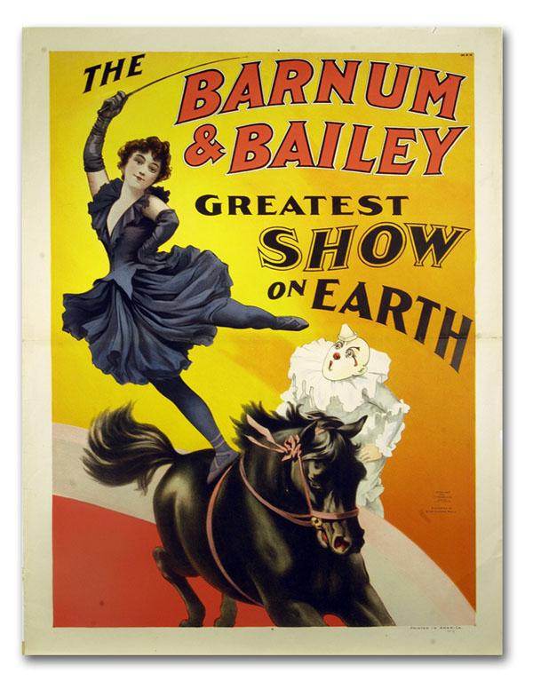 B&B, Greatest Show on Earth, Equestrian: 40x30, The Strobridge Litho Co., 1895, An equestrian, a clown and a black horse