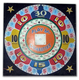 Carnival Wheel of Chance, Blue Cigarette Wheel: Amusement Wheels have been a staple on the boardwalks of NJ for over 50 years. Most amusement games from this era were home made games, with very ornate paint jobs done by local painters that speciali