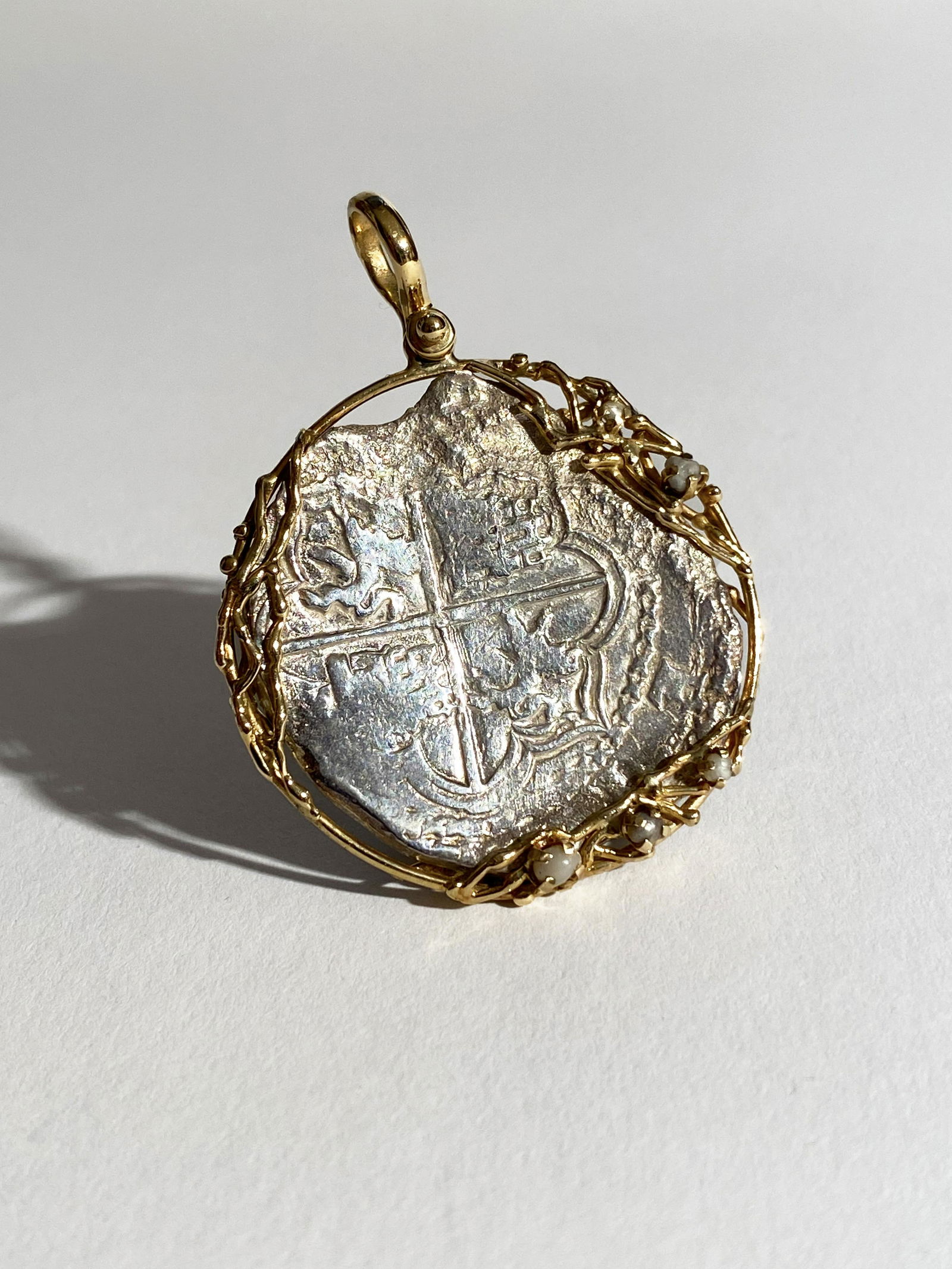 Atocha 8 Reales Silver Coin (Gold Mounted) with 5 Pearls (1 of 9)