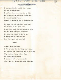 B.B. King & Fats Washington Typed Lyrics (Six Pages): Six pages of typed lyrics by B.B. King and frequent collaborator Fats Washington. 1. "Cheatin' Woman" 2. "Good Man Gone Bad" 3. "Say You're Mine" 4. "Tell Me" 5. "Sure Blues" 6. "Don't Let it Be