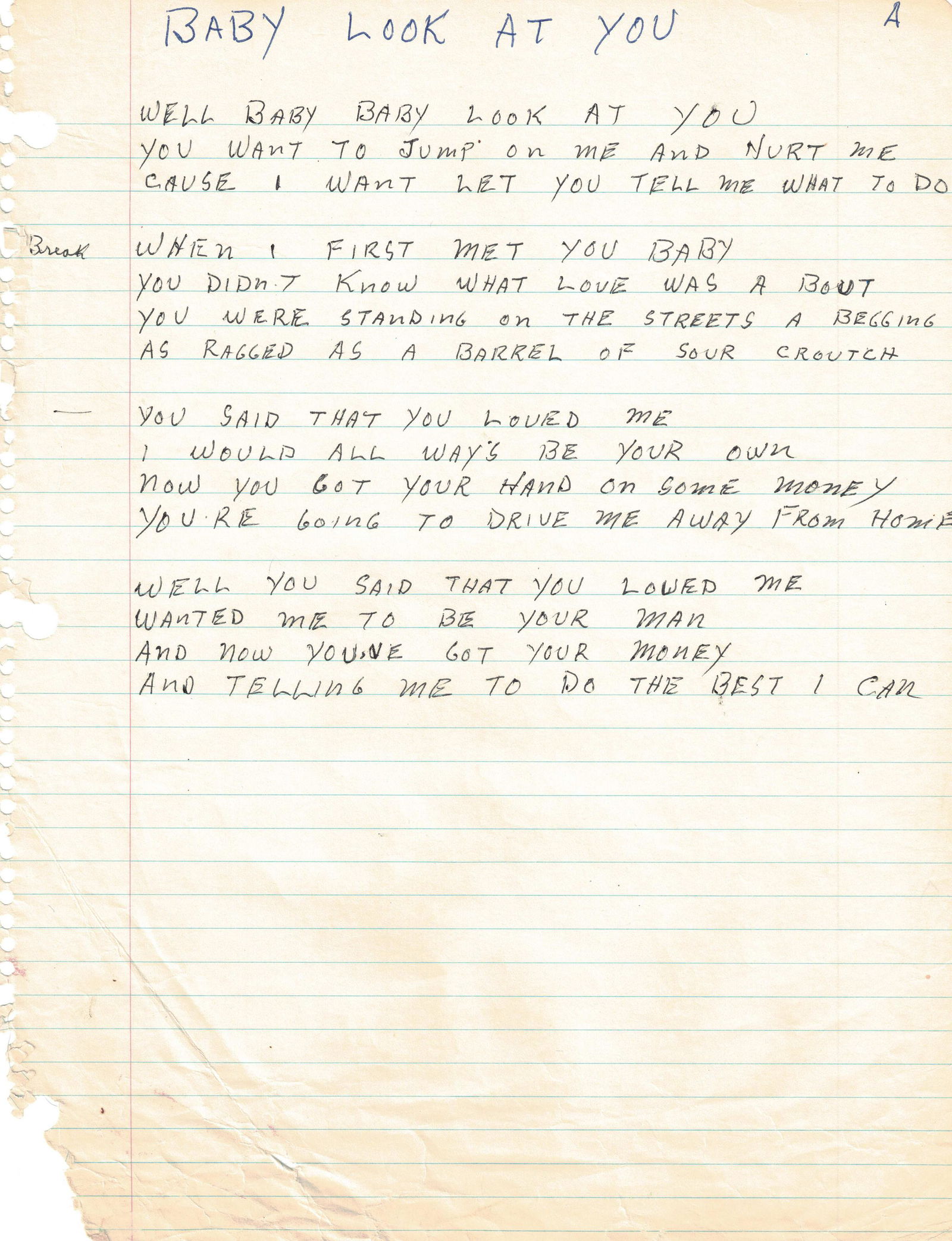 B.B. King & Fats Washington Handwritten Lyrics (Five Pages) (1 of 5)