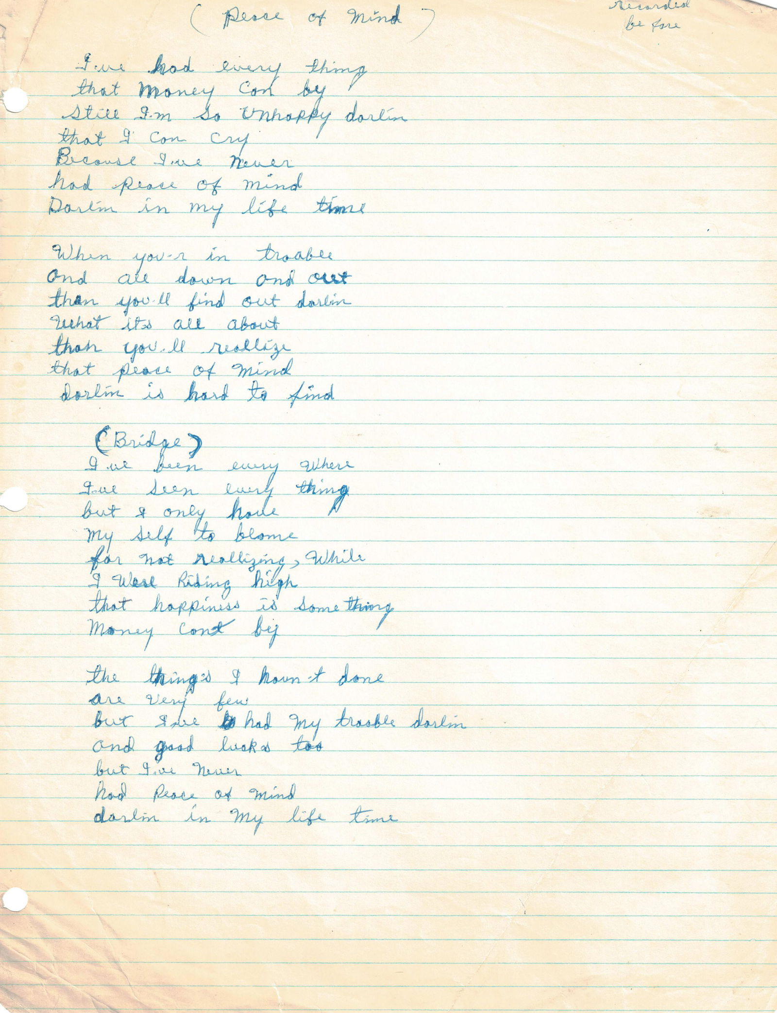 B.B. King & Fats Washington Handwritten Lyrics (Five Pages) (1 of 6)