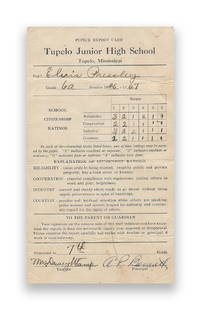 Elvis Presley’s 6th Grade Report Card from Tupelo Junior High School: Elvis Presley’s 6th Grade Report Card from Tupelo Junior High School Double-sided faded white paper 8 x 4.5 inches 14.375 x 11.25 inches framed* In October, 1999, working closely with Elvis