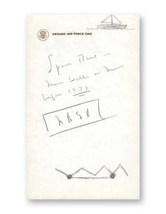 President John F Kennedy's Handwritten Air Force One Note: President John F Kennedy's Handwritten Air Force One Note Pencil on gold-embossed “Aboard Air Force One” letterhead with Presidential Seal 7.25 x 4.375 inches In this historically