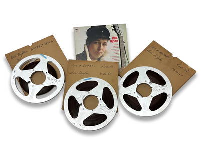 Bob Dylan Original Master Tapes: Bob Dylan’s Original Recording Session Master Tapes for his first album, “Bob Dylan” 3 Scotch 190 full reels of magnetic 1/2” tape, 10 1/2” diameter metal reels, each with