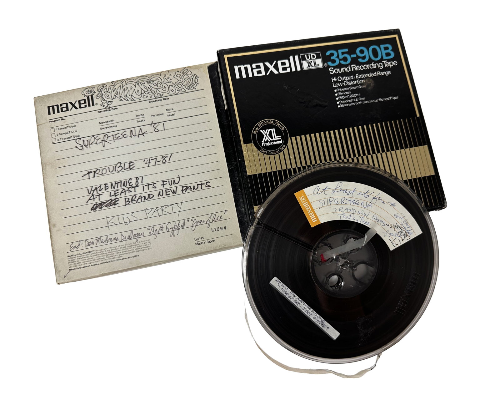 Rare Conversation with Madonna on Maxell Reel tape: Madonna’s original rehearsal demos and performances. Vintage Maxell 35-90B Recording Reel to Reel tape 18cm / 7". Handwritten notes and drawings in black on verso of box and on the tape cas
