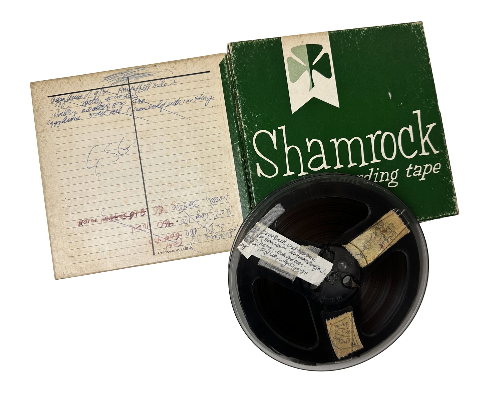 Early Madonna on Vintage Shamrock Reel-to-Reel: Madonna’s original rehearsal demos and performances. Vintage Shamrock Recording Reel to Reel tape 18cm / 7". Handwritten notes in blue and red ink on verso of box and on paper taped to the tape casi