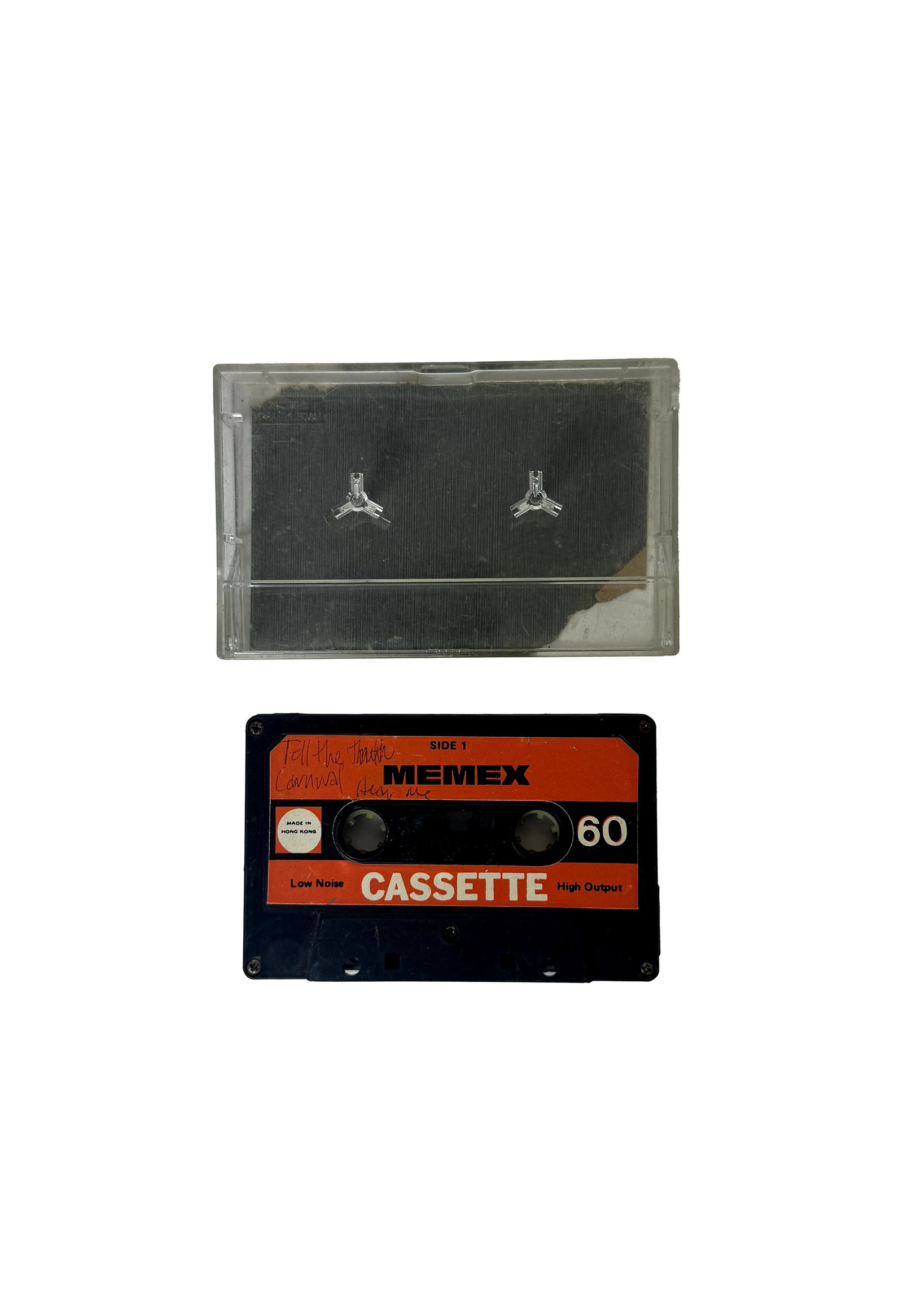 First Record of Madonna Singing on Cassette: Madonna’s original rehearsal demos and performances. Memex 60 compact cassette. Handwritten notes in black ink on side A of cassette. Side 1 "Tell The Truth" "Conway" c.1979.