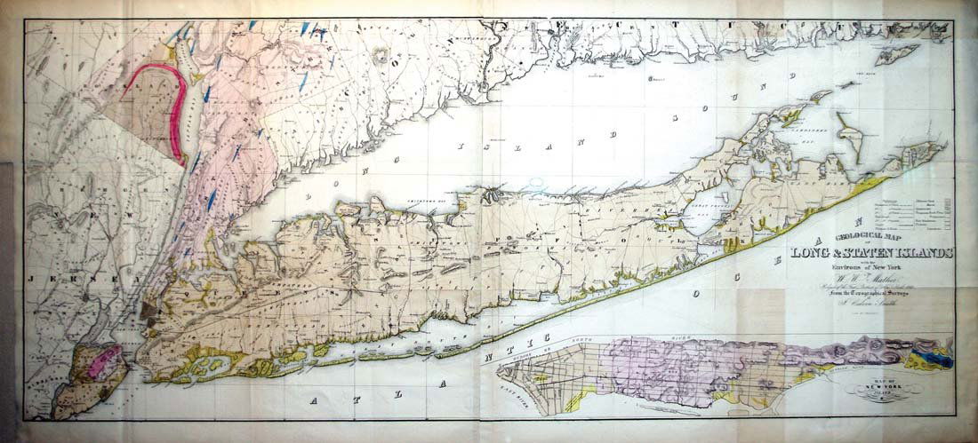 William W. Mather: Geological Map of Long and Staten Island with Environs of New York; New York, 1842 Hand colored Lithograph Paper size: 54"x25"; Framed.