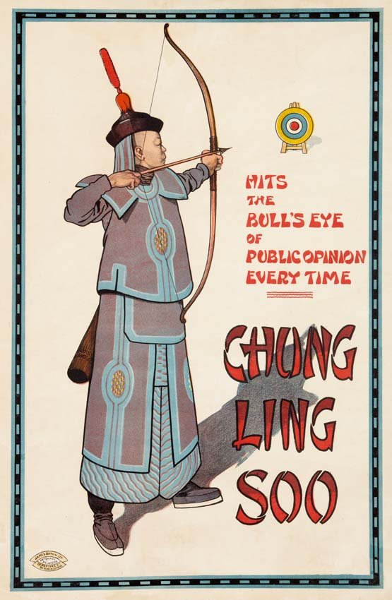 Chung Ling Soo, Hits the Bullseye of Public Opinion: Chung Ling Soo, Hits the Bullseye of Public Opinion, c.1910 Half sheet, James Upton Ltd. England, linen mounted & restored, noticeable restoration in white areas. 30" x 20" Orientalist magic shows bec