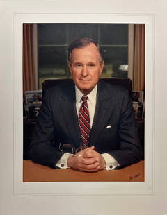 President George H. W. Bush, Bachrach Portrait: President George H W Bush in a vintage color Bachrach photographic portrait, hand signed "Bachrach" by Fabian Bachrach, 13.25" x 10" The Bachrach Photographic Studio In the genre of Portrait