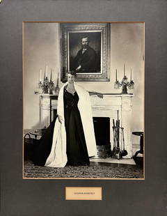 Eleanor Roosevelt Portrait by Bachrach: Eleanor Roosevelt. A classic, formal portrait of the First Lady, fireside. Vintage black & white Bachrach photographic portrait, gold Bachrach Stamp, matted, 13.25" x 10.25" The Bachrach