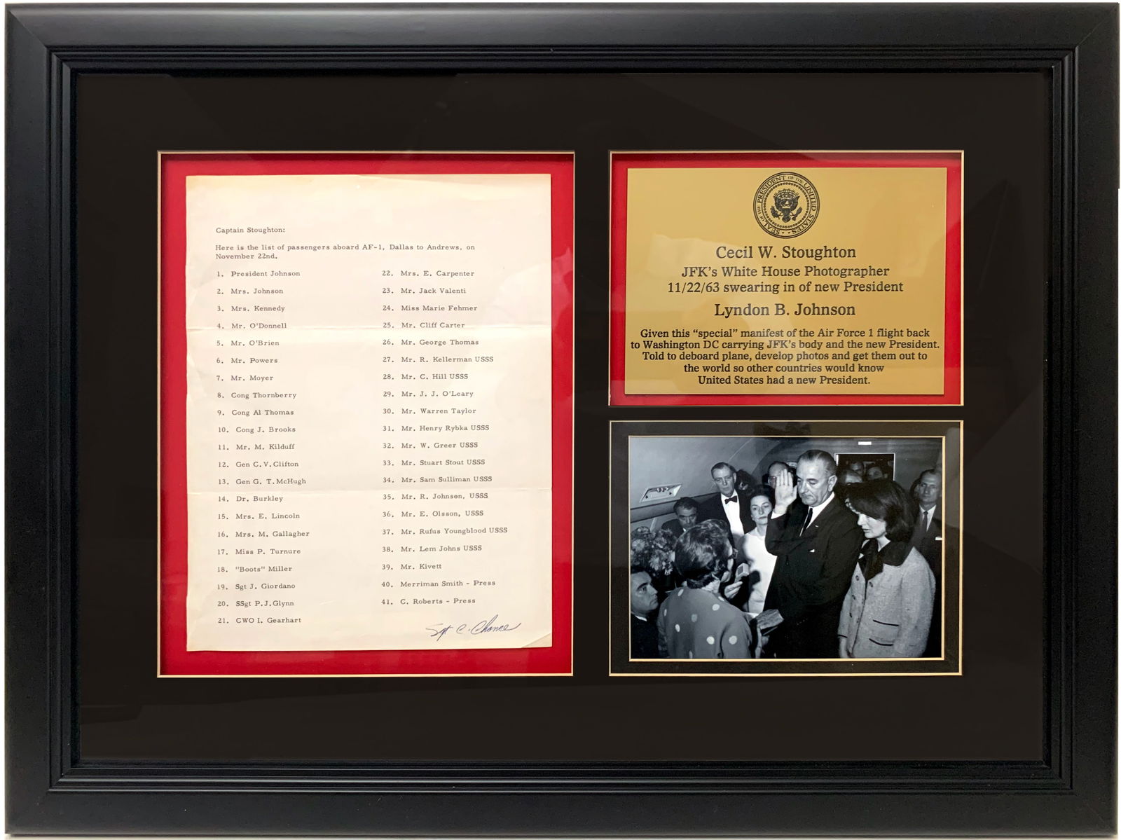 Kennedy Assassination, Air Force One Flight Manifest: Manifest of passengers aboard the Air Force One flight that returned President John F. Kennedy’s body to Washington, D. C. following his assassination. Typed sheet, with 2 horizontal fold creases,10