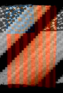 President Abraham Lincoln Mourning Flag, Boston: President Abraham Lincoln's Mourning flag, April 1865, from Boston, MA, later displayed in the courtroom of California Superior Court Judge John Thomas Ball. This 35-star U.S. flag was displayed