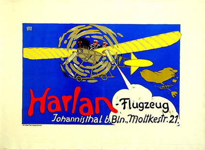Harlan-Flugzeuge: August Hajduk, 1914. 28 x 38 in / 71 x 96.5 cm. Imp. Robert Müller, Berlin. Cond. A- / JP. Pictured: Kunst Kommerz Visionen, Deutsche Plakate 1888-1933. Published: Berlin, 1992.