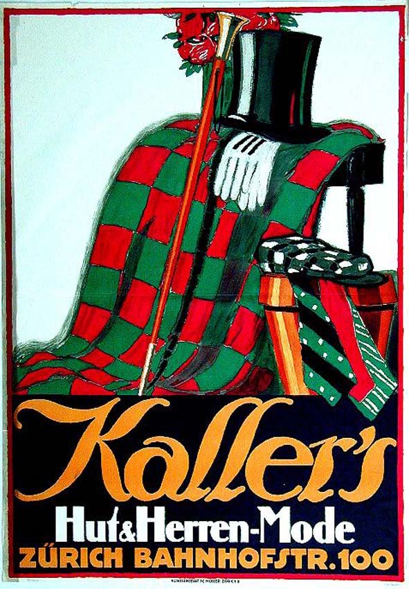 Kaller's Hut und Herrenmode: Jules De Praetere, c. 1916. 46.9 x 32.9 in / 119 x 83.6 cm. Imp. J. C. Müller, Zürich. Cond. B+ / P