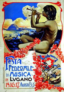 Festa Federale di Musica: Fulvelle, 1903. 39.6 x 27.6 in / 100.5 x 70.2 cm. Imp. Unione Litografica Lugano, Lugano. Cond. B+ / P