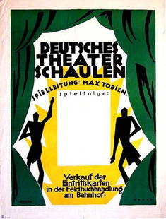 Deutsches Theater Schaulen: Adolf Beyer, 1914. 33.5 x 25.4 in / 85 x 64.5 cm. Imp. Druckereizug I.O.K. Nord, Schaulen. Cond. B+ / Printed on Map Backing / P