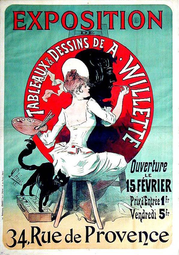 Exposition de Tableaux et Dessins de A. Willette: Jules Chéret, 1888. 48.1 x 34.1 in / 122.3 x 86.5 cm. Imp. Chaix, Paris. Cond. B+ / JP