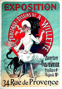 Exposition de Tableaux et Dessins de A. Willette: Jules Chéret, 1888. 48.1 x 34.1 in / 122.3 x 86.5 cm. Imp. Chaix, Paris. Cond. B+ / JP