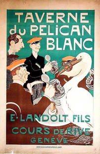 Taverne du Pelican Blanc: Henri Claude Forestier, 1899. 39.2 x 25.8 in / 99.5 x 65.5 cm. Imp. Société Suisse d'Affiches et de Réclames Artistiques, Genève. Cond. B+ / LB
