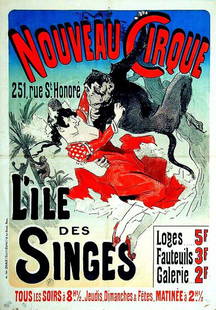 Nouveau Cirque / L'île des singes: Jules Chéret, 1888. 49.3 x 34.7 in / 125.1 x 88.2 cm. Imp. Chaix, Paris. Cond. B+ / P