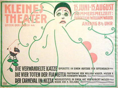 Katze Kleines Theater: Paul Telemann, c. 1911. 27.8 x 36.9 in / 70.6 x 93.8 cm. Imp. Robert Müller, Cond. B+ / LB