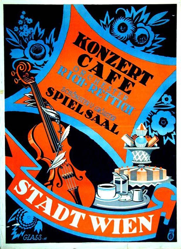 Konzert Café / Stadt Wien: Franz Paul Glass, 1916. 49.5 x 36.1 in / 125.7 x 91.7 cm. Imp. Fritz Maison, München. Cond. B / Double-Sided / P