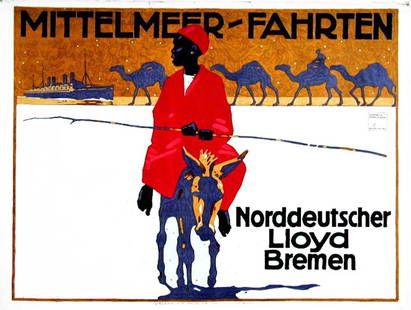 Mittelmeer-Fahrten: Ludwig Hohlwein, 1913. 28.3 x 37.5 in / 71.8 x 95.2 cm. Imp. Vereinigte Druckereien & Kunstanstalten, Bremen. Cond. B+ / LB