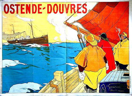Ostende - Douvres: Henri Cassiers, c. 1898. 43.9 x 59.8 in / 111.5 x 152 cm. Imp. Rycker & Mendel, Bruxelles. Cond. B+ / LB