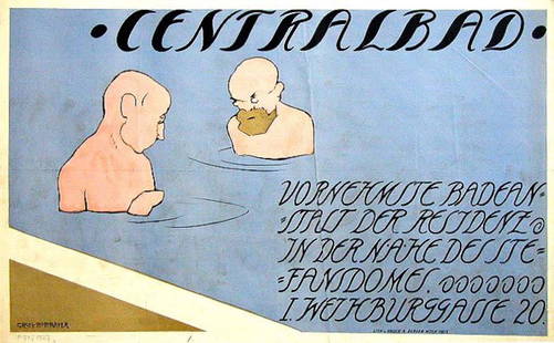 Centralbad: Hermann Grom-Rottmayer, 24 x 38.6 in / 61 x 98 cm. Imp. Paul Bender, Wien. Cond. B+ / P