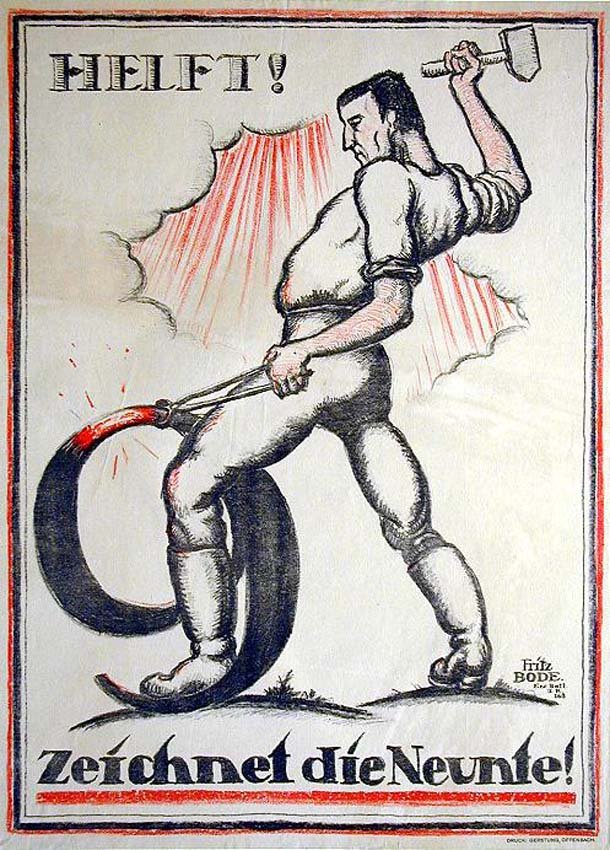 Helft! / Zeichnet die Neunte!: Frítz Bode, 1918. 24.6 x 17.9 in / 62.5 x 45.5 cm. Imp. Wilhelm Gerstung, Cond. B+ / P