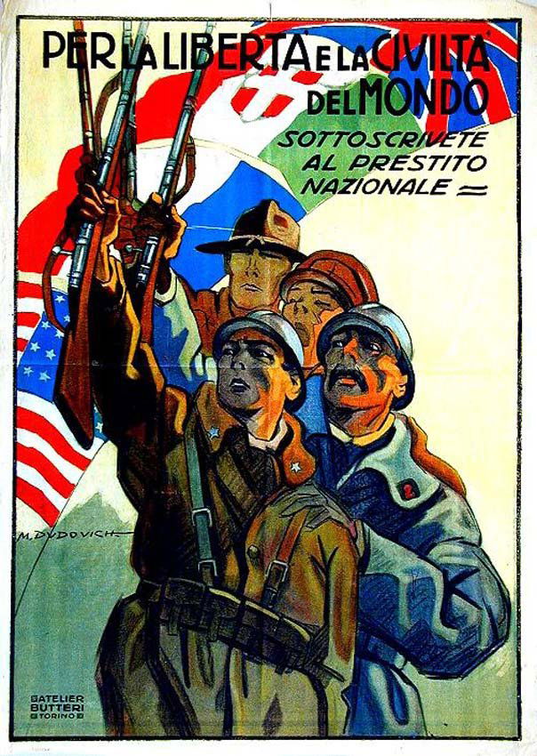 Per la Libertà e la Civiltà del Mondo: Marcello Dudovich, 1915. 54.9 x 39.4 in / 139.5 x 100 cm. Imp. Atelier Butteri, Torino. Cond. A- / P