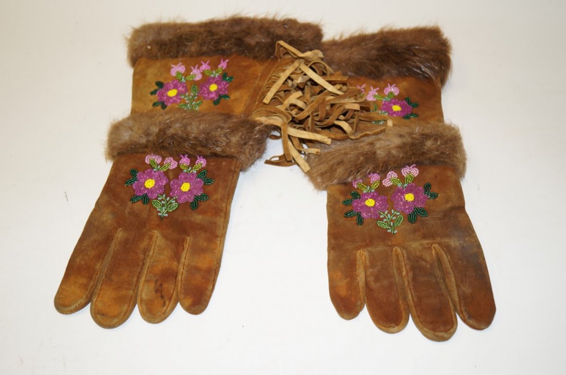 Athabascan Mittens N. Yukon Territory: Athabascan Mittens from the North Yukon Territory. Beaver trim, silk lining. Pink and green glass bead decorations. 16" long