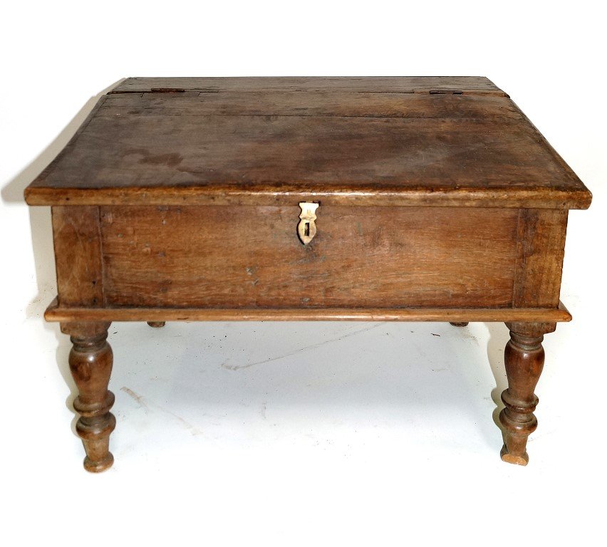 Table Top Teacher's Desk: Turned legs. Hinged tops and brass lock. 24 1/2"W. x 18 1/2"D. 17 1/2"H.