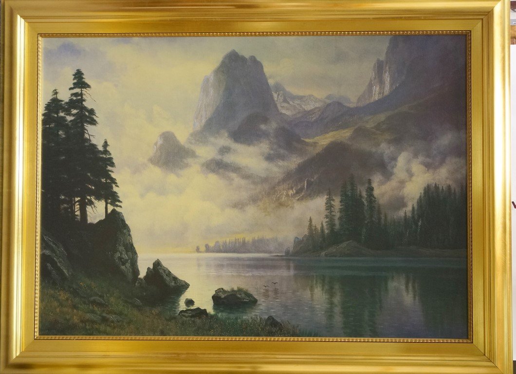 Albert Bierstadt Brushstrokes Collection Ltd. Edition: Mountain Out of the Mist. The Museum Shop Brushstroke Collection.Artist Enhanced. Ltd. Ed. 676/980. With C of A. 44" high x 58" wide Framed.