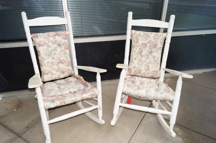 Pair Porch Rocking Chairs: Painted white.