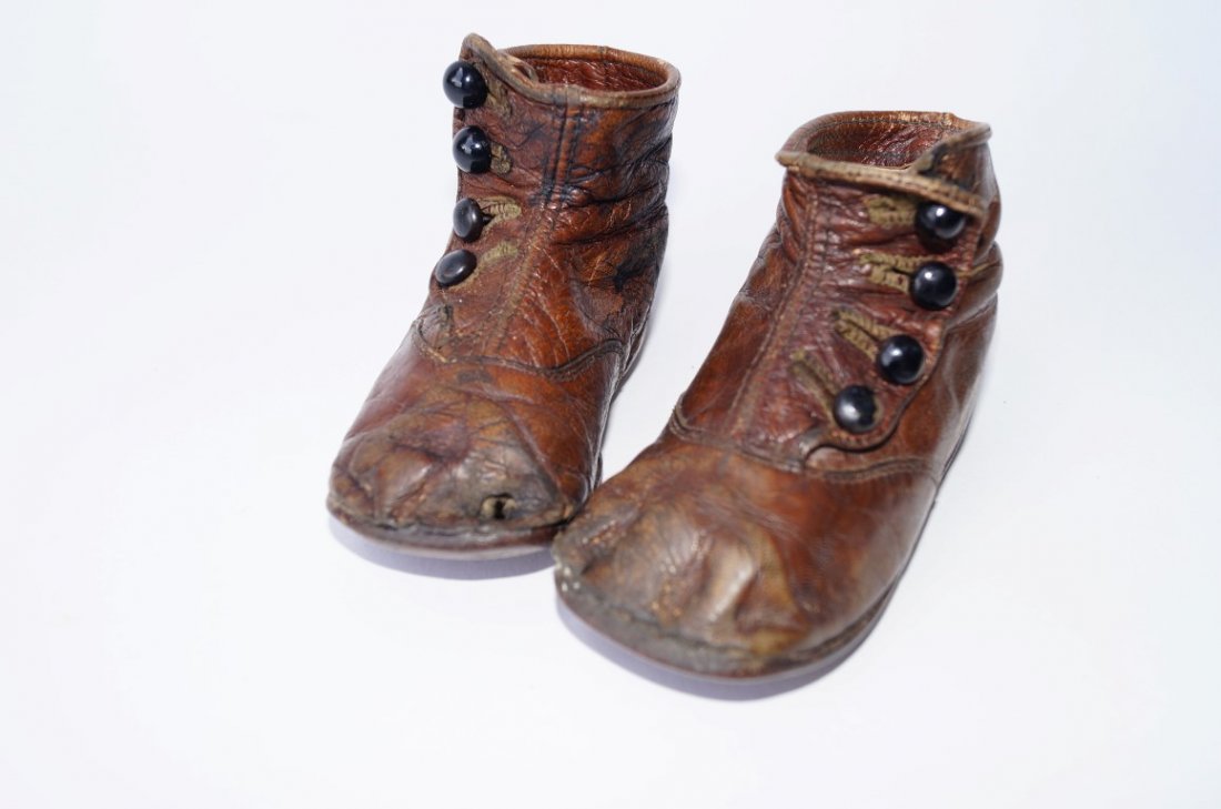 Pair of Leather Button Baby Shoes: Pair of Leather Button Baby shoes.