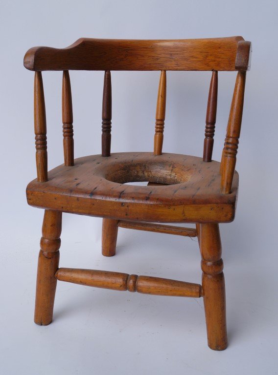 Child's Pine Potty Chair: With area for chamber pot. Spindle back