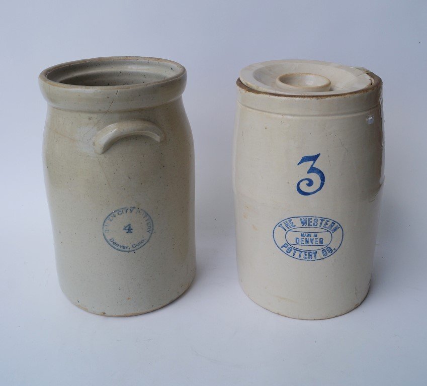 Two Stoneware Crocks: Number 4 Queen City Pottery, Denver, Colo and Number 3 The Western Pottery Co., Denver Color. (Queen City has crack)