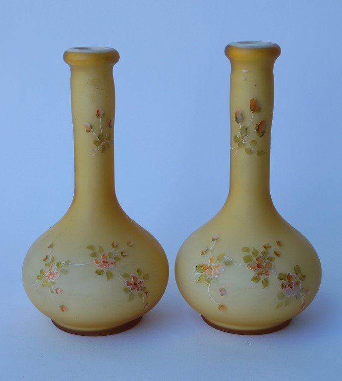 Pair Hand Painted Barber Bottles: Pair of yellow & milk glass barber bottles with hand painted flowers.