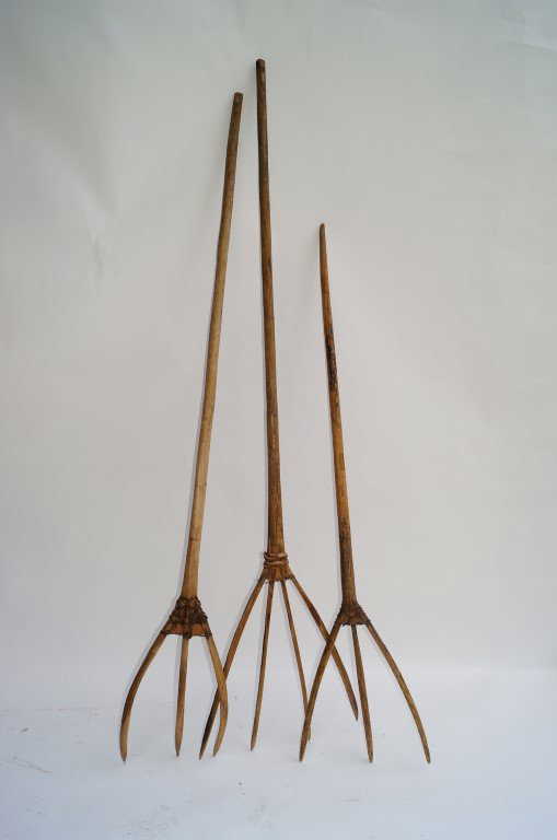 Three Primitive Wooden Hay Rakes