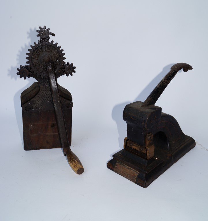 Two Hand Operated Tools: An antique rope maker, Pat. Nov. 12, 1901; and a Cummins No. 15 Perforating Machine, Pat. Nov. 29, 1892. Chicago, New York. 14" high; 10-1/2" high