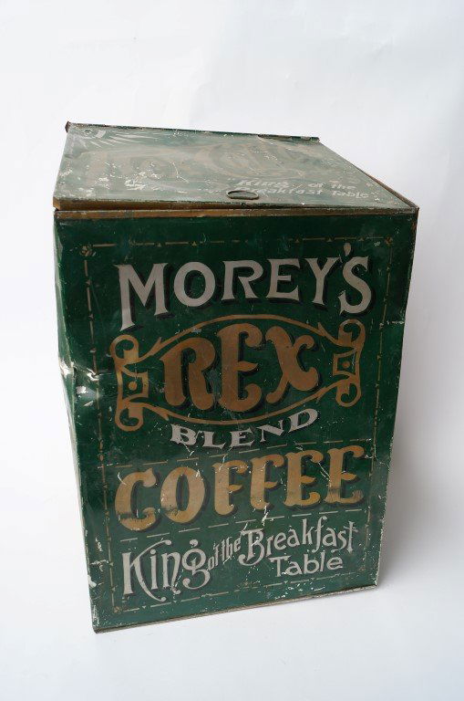 Moreys Rex Blend Coffee Tin: Large mercantile store tin for Moreys Rex Blend Coffee. King of the Breakfast Table. Green painted tin box with lift top front. Condition will be visible in photos. 13-1/2" x 14-1/2" x 19" high