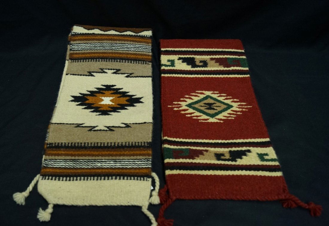Two Hand Woven Table Runners: 90% wool. With labels for The El Paso Saddle Blanket Company. 10" W x 78" L.