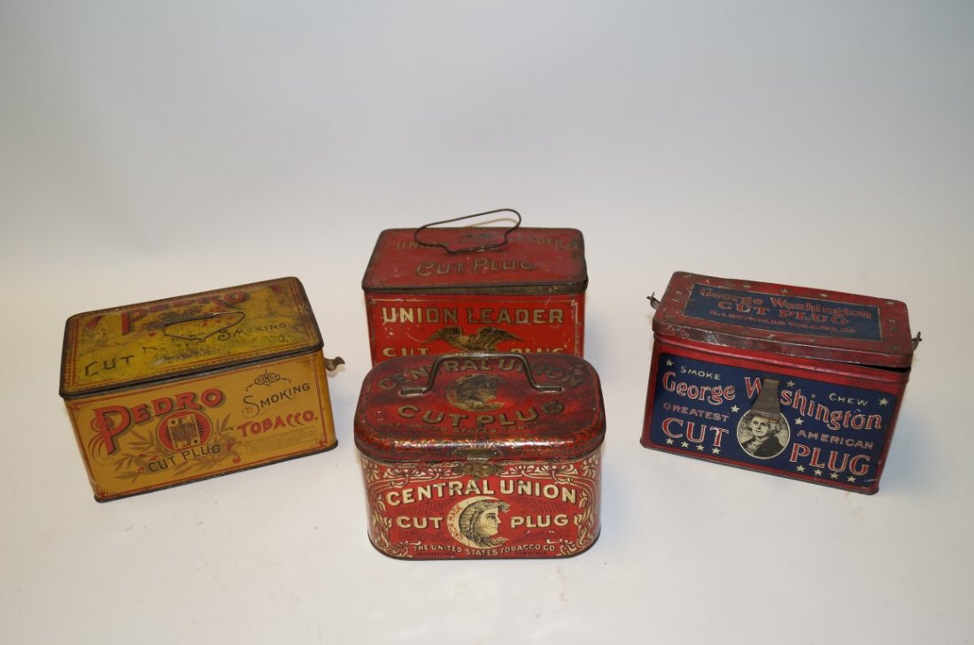 Four Tobacco Advertising Tins: George Washington; Union Leader; Central Union; and Pedro Cut Plug. Nice color and graphics. 7" long to 8" long