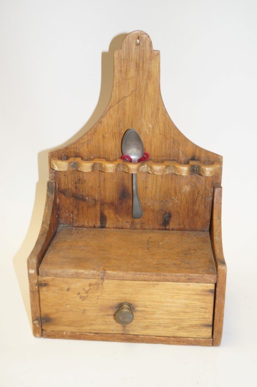 Early Primitive New England Wall Box: Wooden one drawer wall box and spoon holder with two early pewter teaspoons. 14-3/4" high