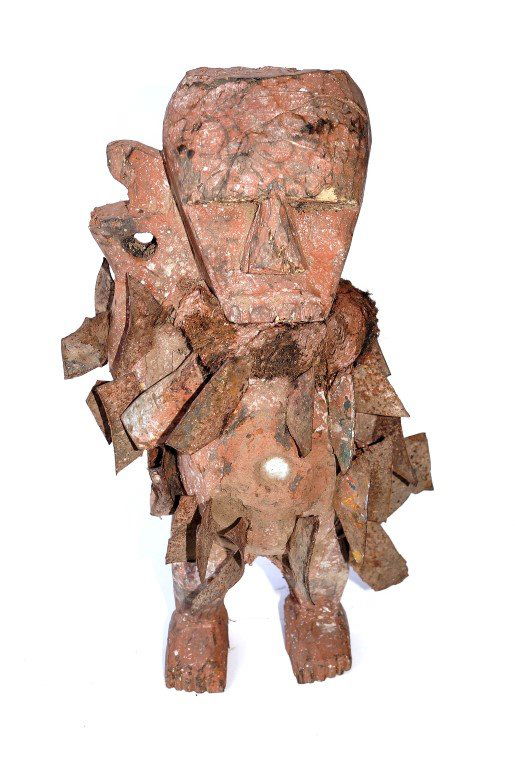 Ghana Metal Fetish Figure: Kondo figure used for protection against enemies and to resolve disputes. Mirror in belly 16"H.