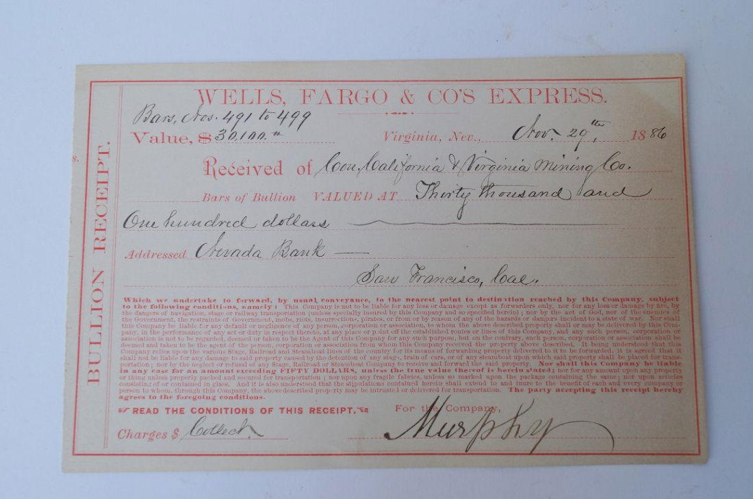Wells, Fargo & Co's Express Receipt: For Gold Bars. Nov. 29th 1886 Worth Thirty Thousand, One Hundred Dollars. 5 1/2" x 8 1/2"